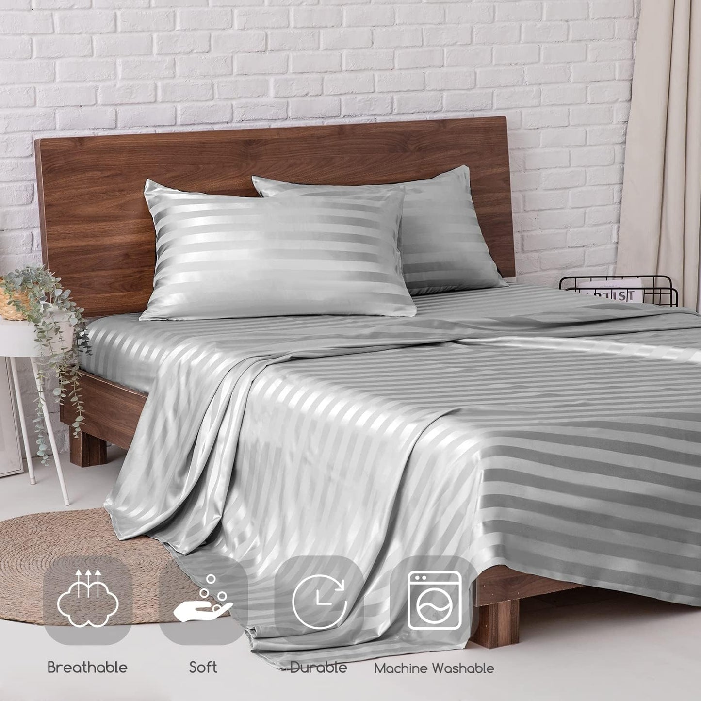 Luxe Satijnen Queens Beddengoed Set, 4-Delig met Diepe Zakken van 15 Inch (Zwart)