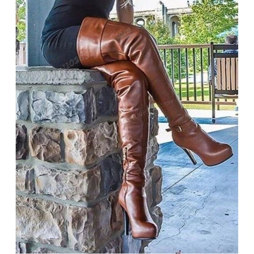 Brown Matte Leather Platform Over the Knee Boots